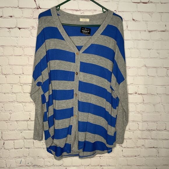 New Oddy Women Plus 1X Sweater V-neck Button Up Cardigan Blue Stripes - Picture 3 of 7